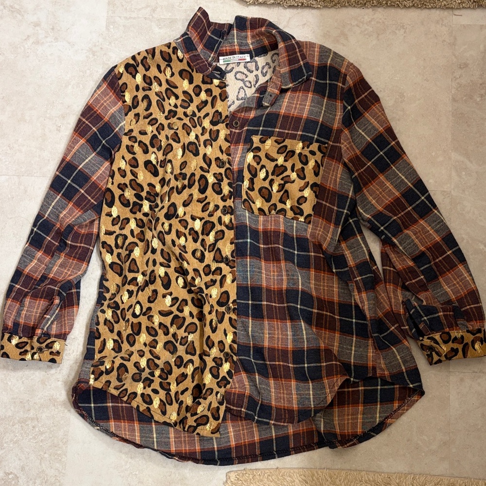 Leopard Patchwork Plaid button up Shirt - image 1